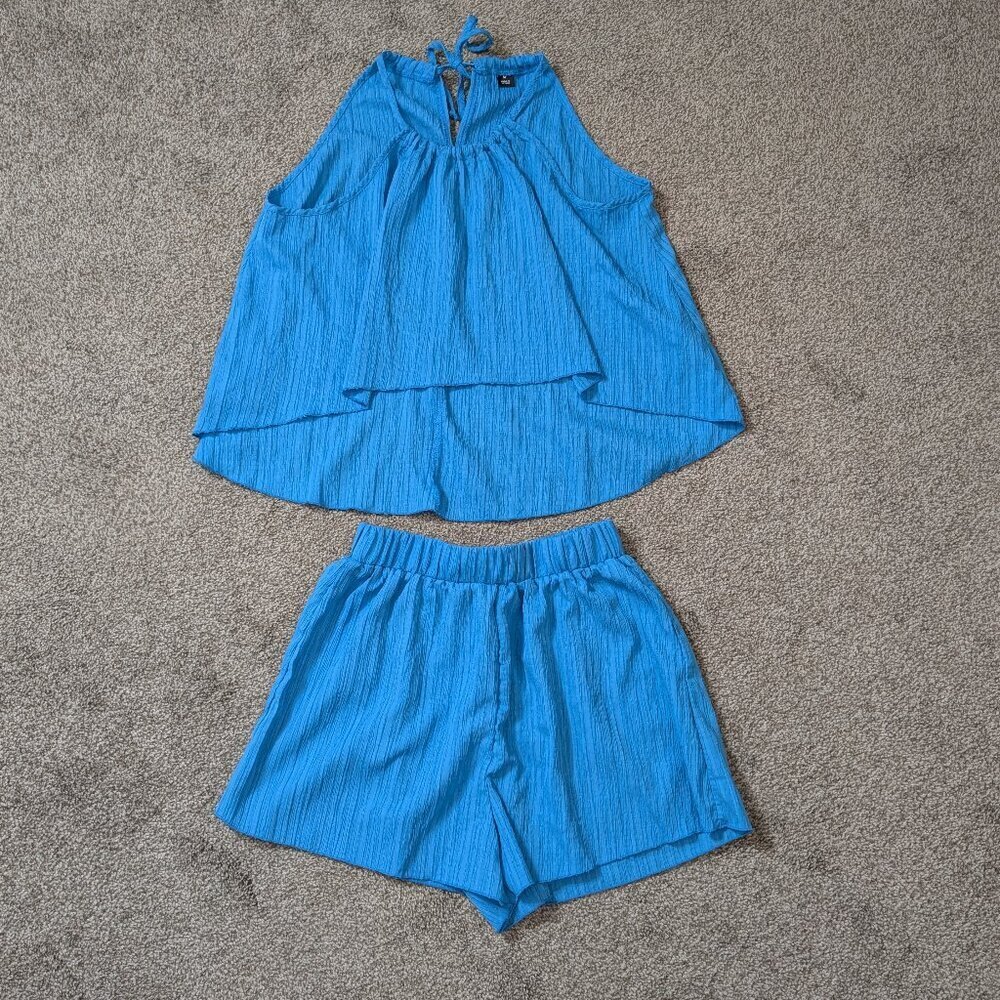Teal Blue Crepe Chiffon Activewear Short Set; Size M